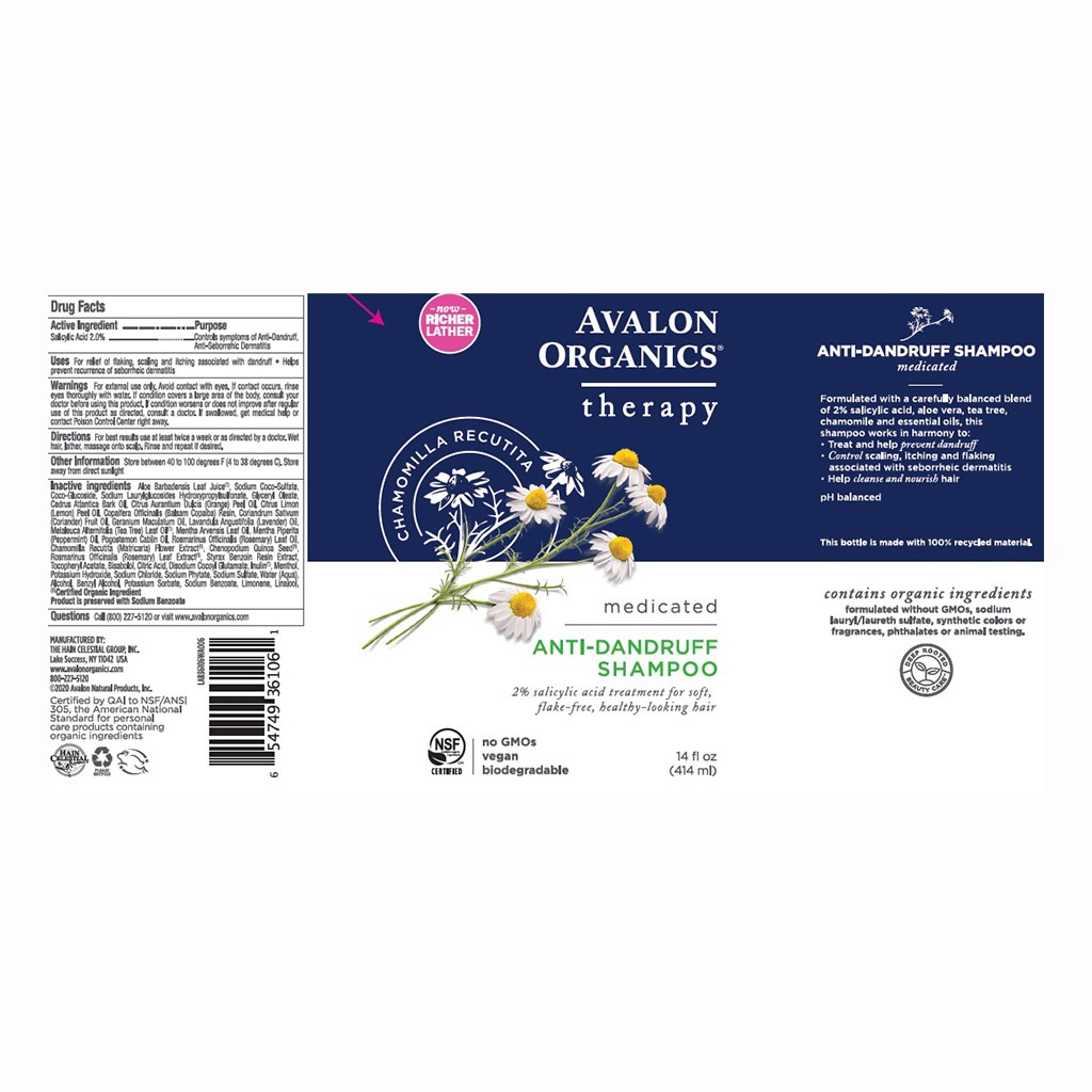 Avalon Organics, Medicated Antidandruff Itch & Flake Relief Shampoo, Therapeutic shampoo for dandruff control, 414 ml