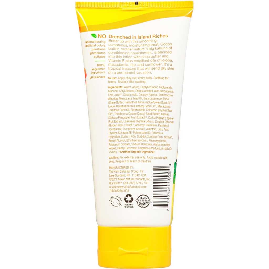 Alba Botanica, Hawaiian Hand & Body Lotion Cocoa Butter, Moisturizing lotion with natural cocoa butter, 170 g