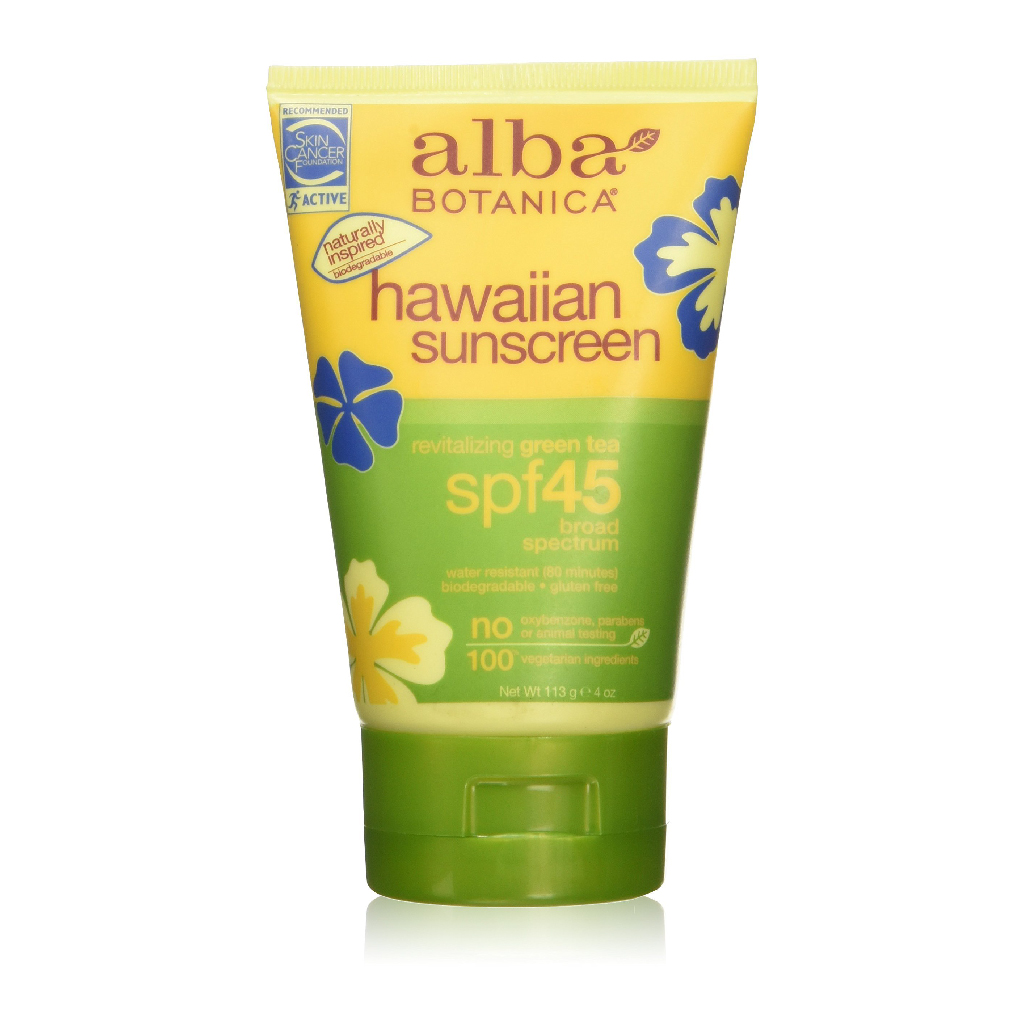 Alba Botanica, Hawaiian Green Tea Sunscreen SPF45, Broad spectrum sunscreen with green tea extract, 113g