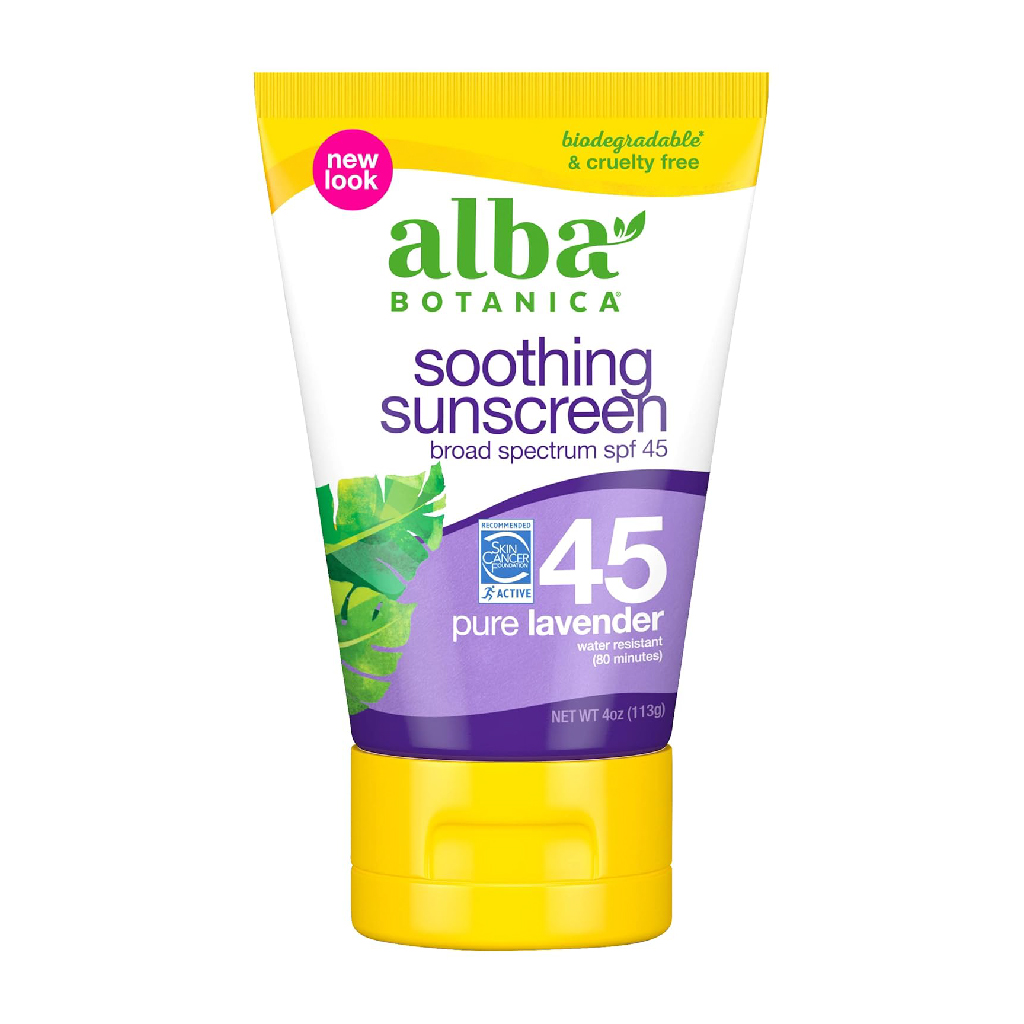 Alba Botanica, Natural Very Emollient Sunscreen, Pure Lavender SPF 45, Broad spectrum moisturizing sun protection, 113g