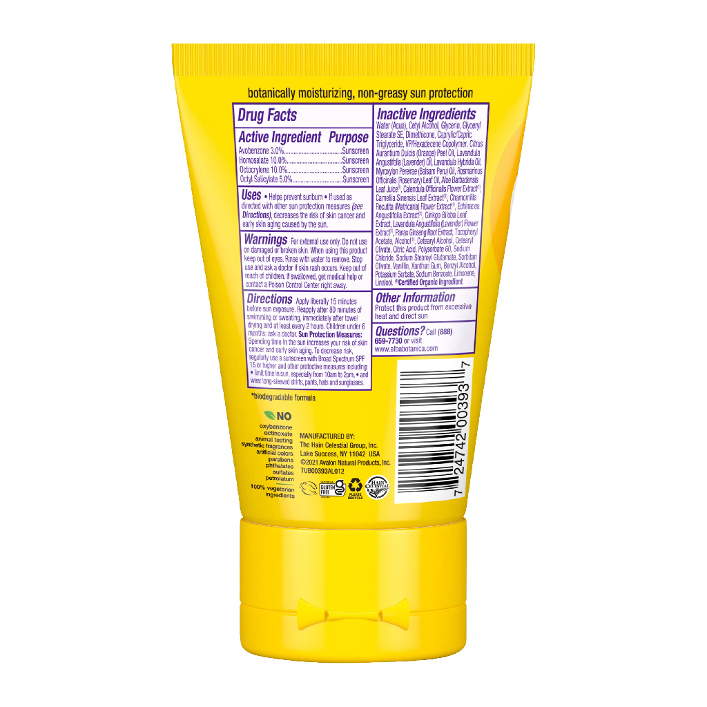 Alba Botanica, Natural Very Emollient Sunscreen, Pure Lavender SPF 45, Broad spectrum moisturizing sun protection, 113g