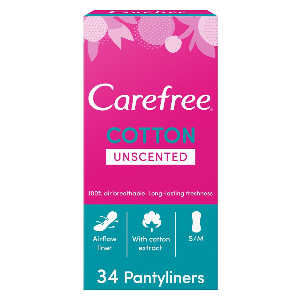 Carefree, Breathable Cotton Unscented Panty Liners, Comfortable daily protection panty liners, 34 pieces