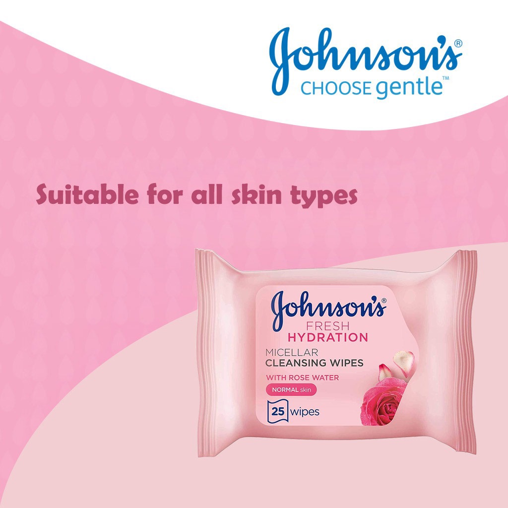Johnson's, Fresh Hydration Ultra-Soft Micellar Cleansing Makeup Remover Wipes, Gentle wipes for normal skin makeup removal, 25 wipes
