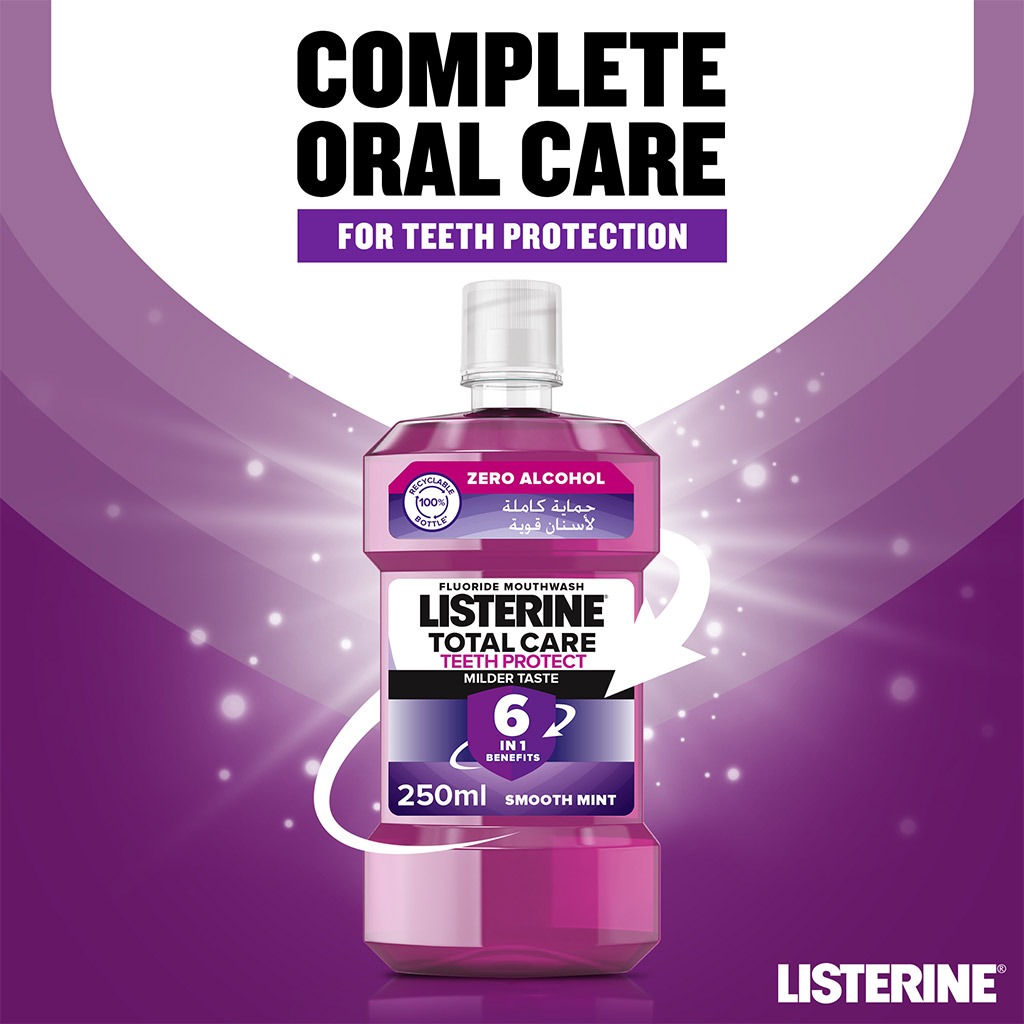 Listerine, Total Care Teeth Protect Mild Taste Fluoride Mouthwash, Alcohol-free fluoride mouthwash for teeth protection, 250ml