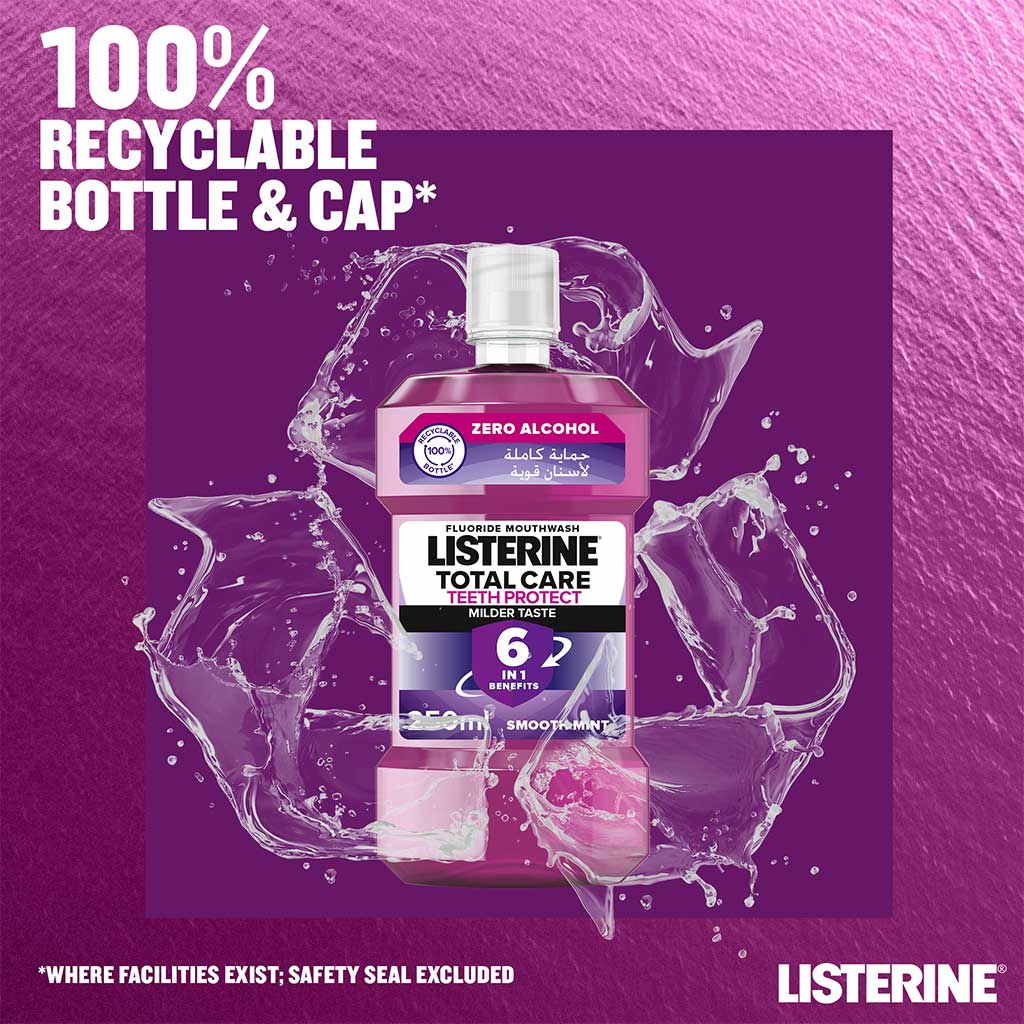 Listerine, Total Care Teeth Protect Mild Taste Fluoride Mouthwash, Alcohol-free fluoride mouthwash for teeth protection, 250ml