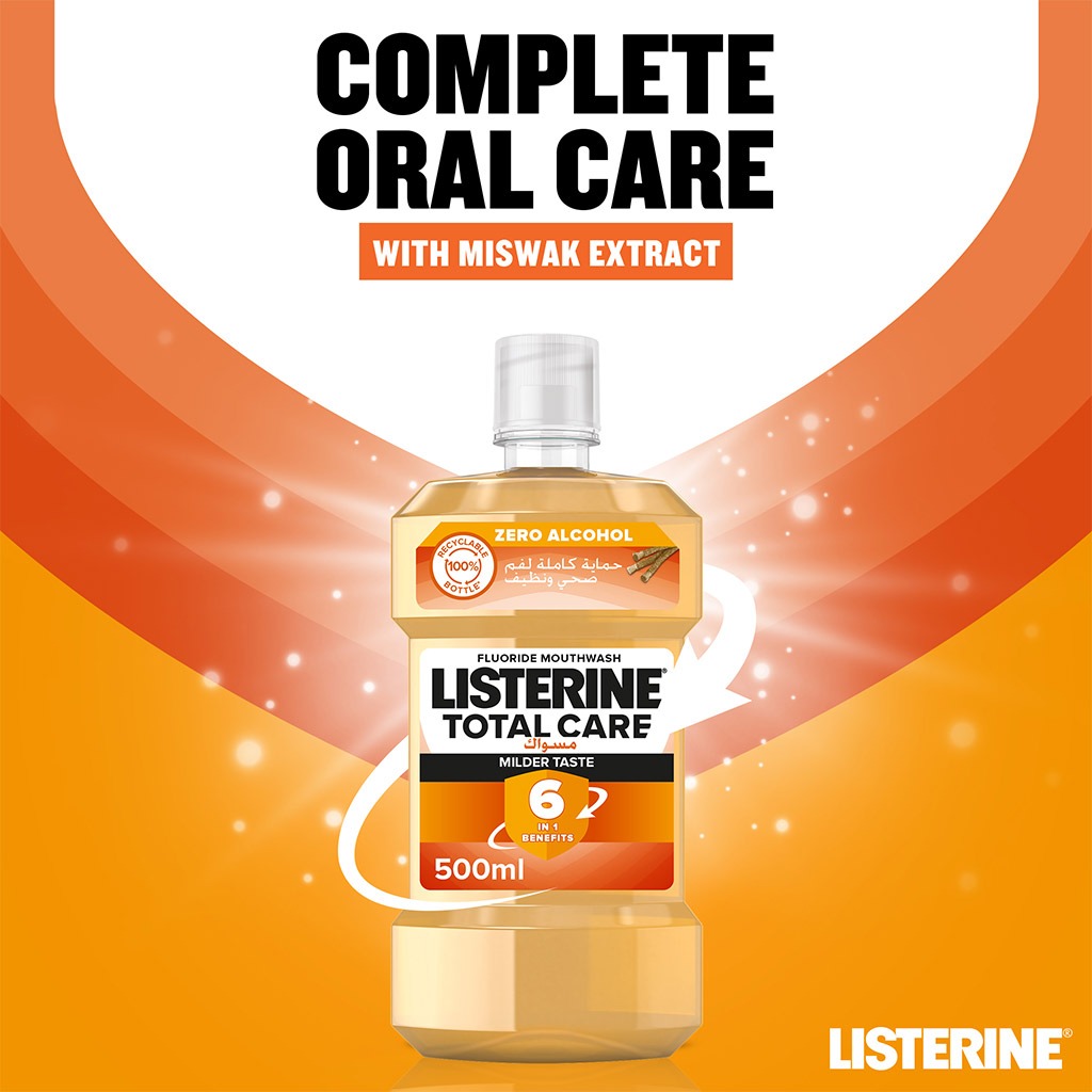 Listerine, Total Care Milder Miswak Taste Fluoride Mouthwash, Alcohol-free fluoride mouthwash with mild miswak flavor, 250ml