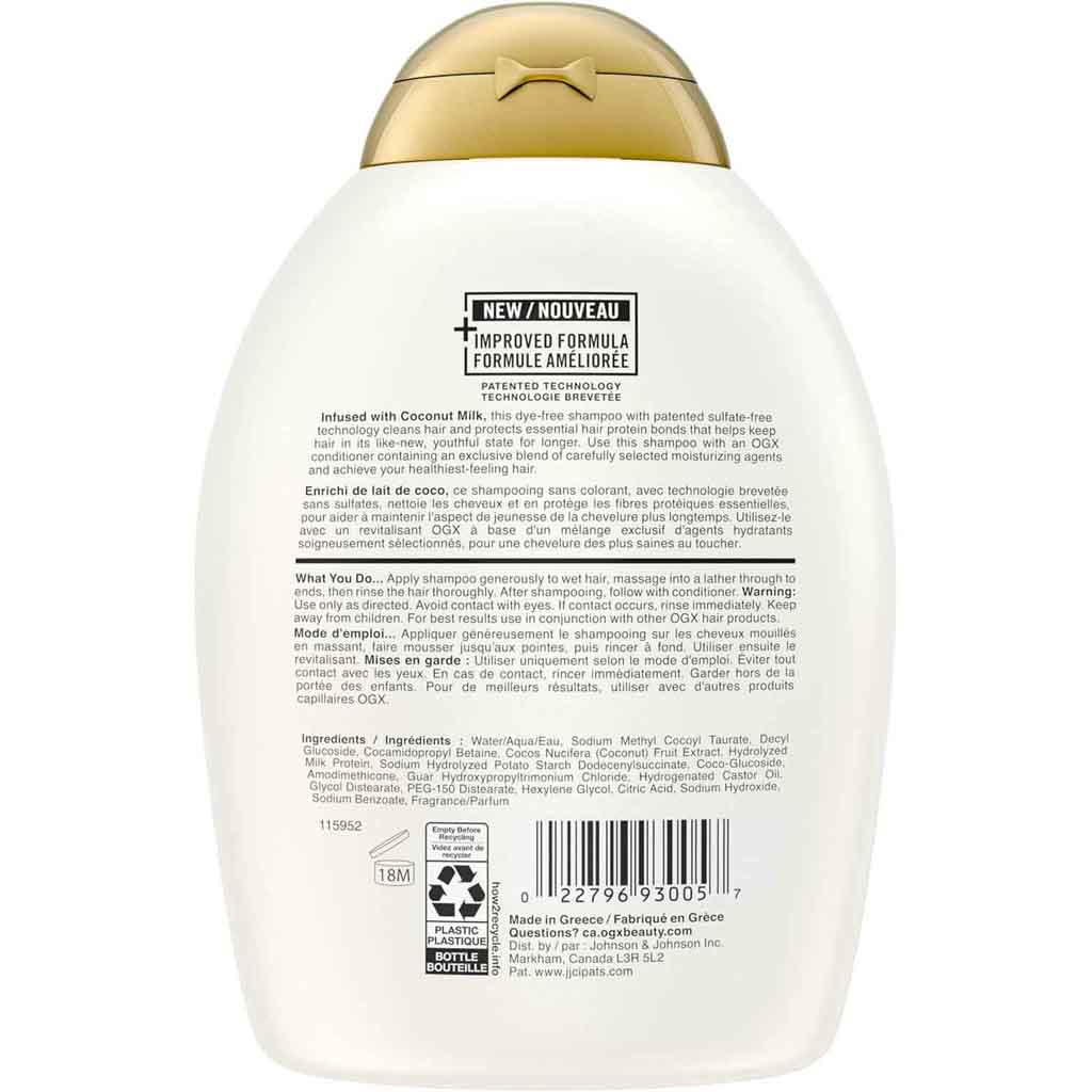 OGX, Nourishing Coconut Milk Shampoo, Hydrating shampoo with coconut milk for soft hair, 385 ml