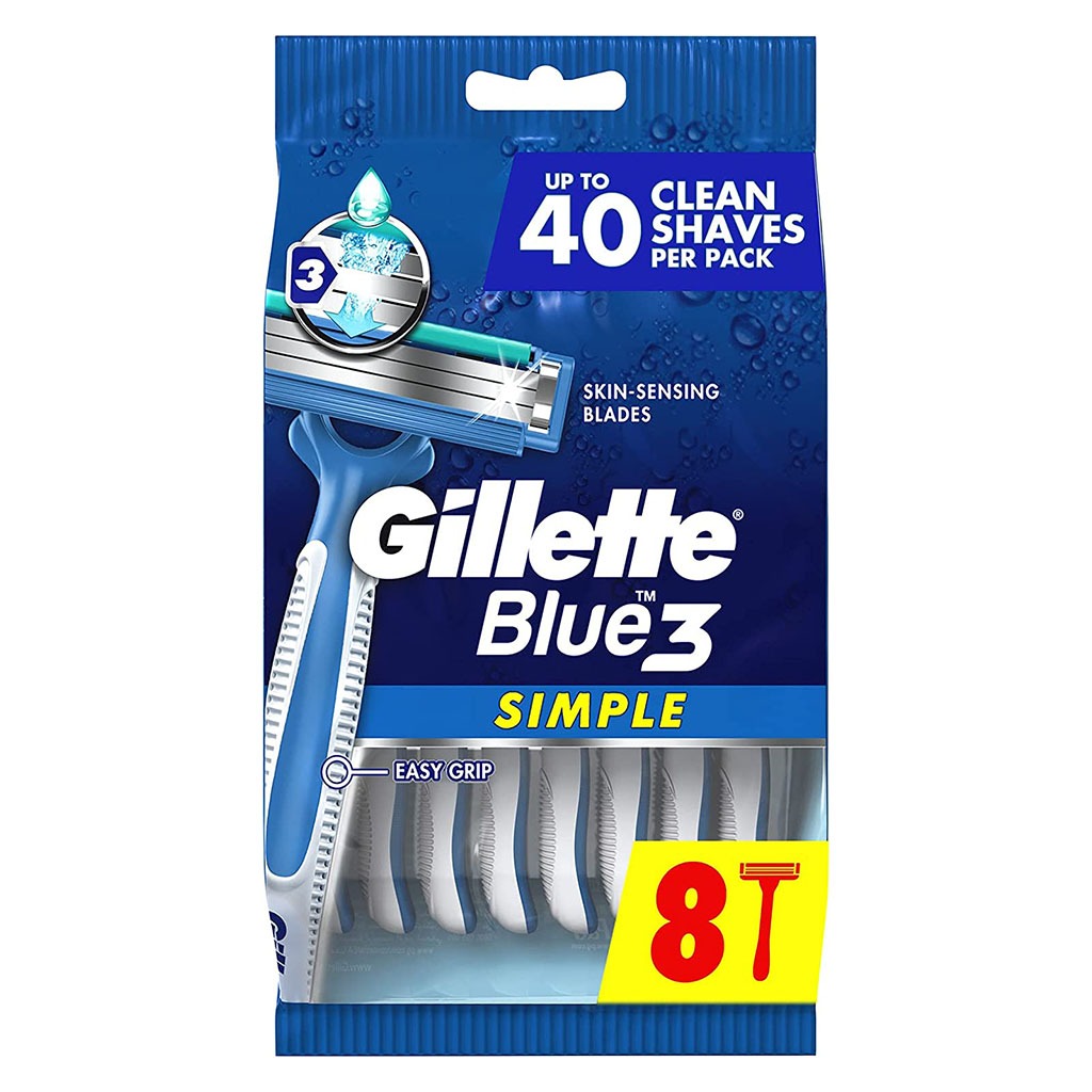 Gillette, Blue Simple 3 Men's Disposable Razor, Disposable razors with triple blades for men, 8 count