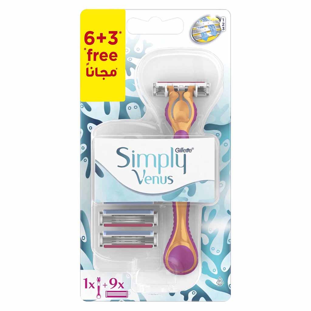 Gillette, Simply Venus 3in1 Refillable Women's Smooth Razor, 3-in-1 refillable razor with 1 handle and 9 blades (6 + 3 refills)