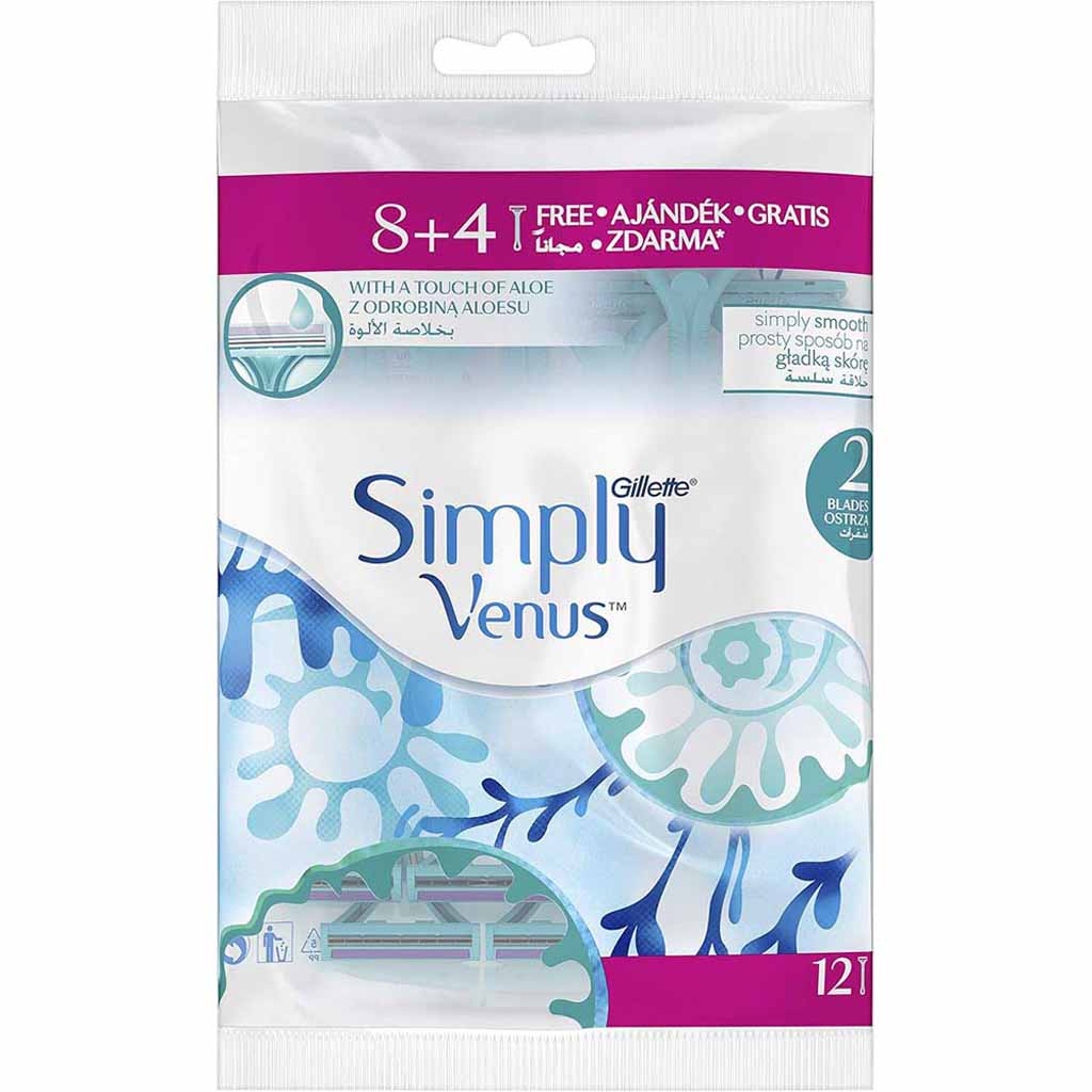 Gillette Venus, Simply 2 Blades Disposable Razor, Disposable razor with two blades for women, 8 + 4 count