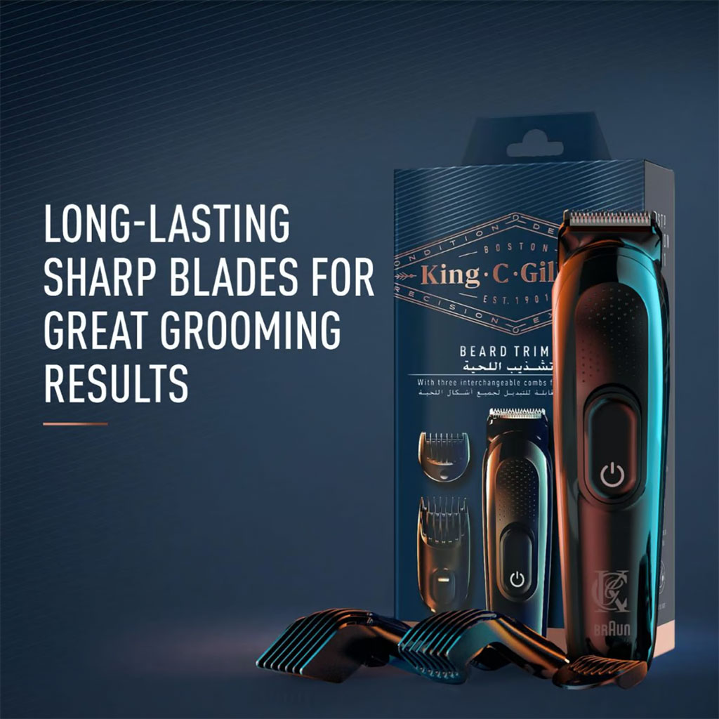 King C. Gillette Cordless Men's Beard Trimmer Kit With Lifetime Sharp Blades & 3 Interchangeable Combs