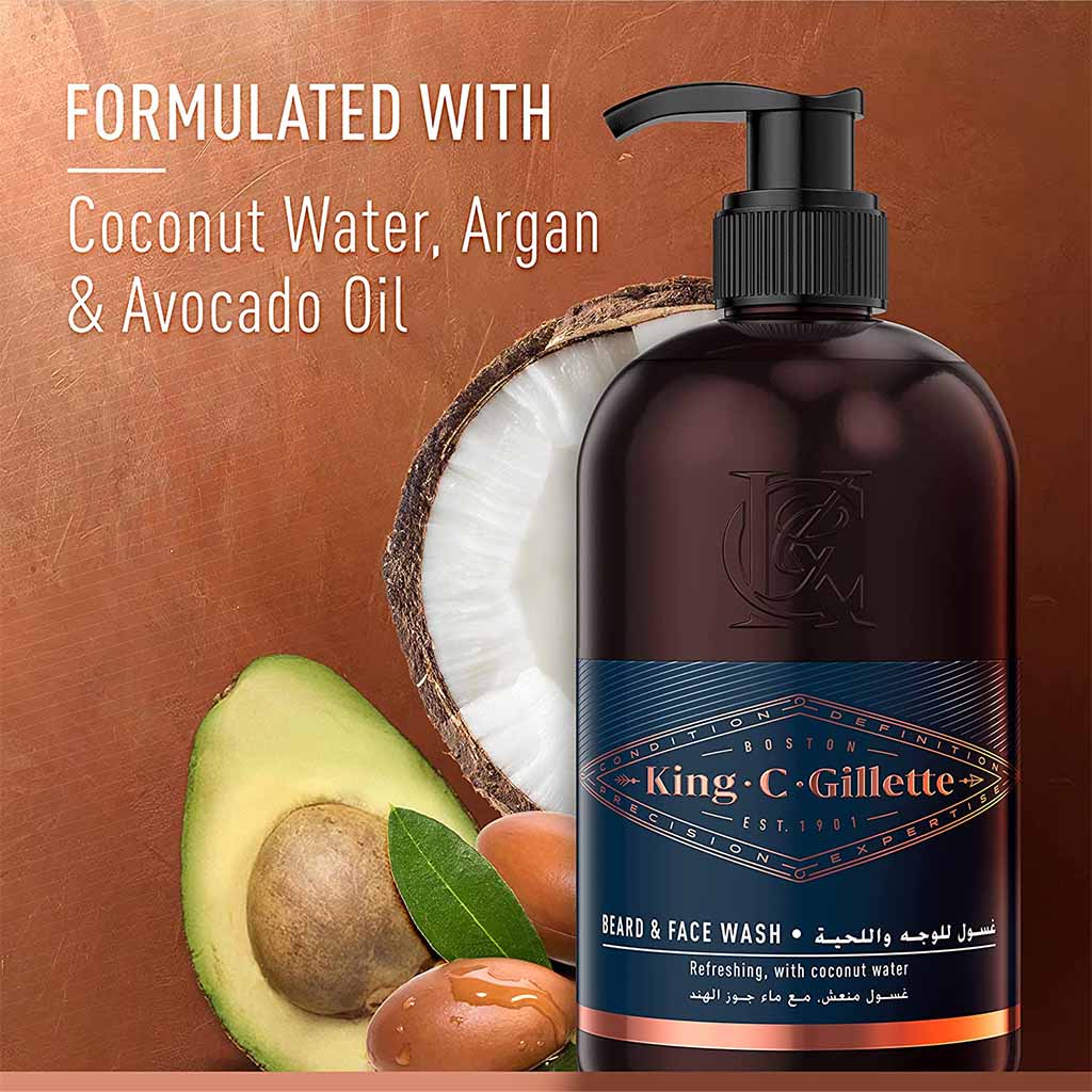 King C. Gillette Men's Beard and Face Wash With Coconut Water, Argan Oil & Avocado Oil 350ml