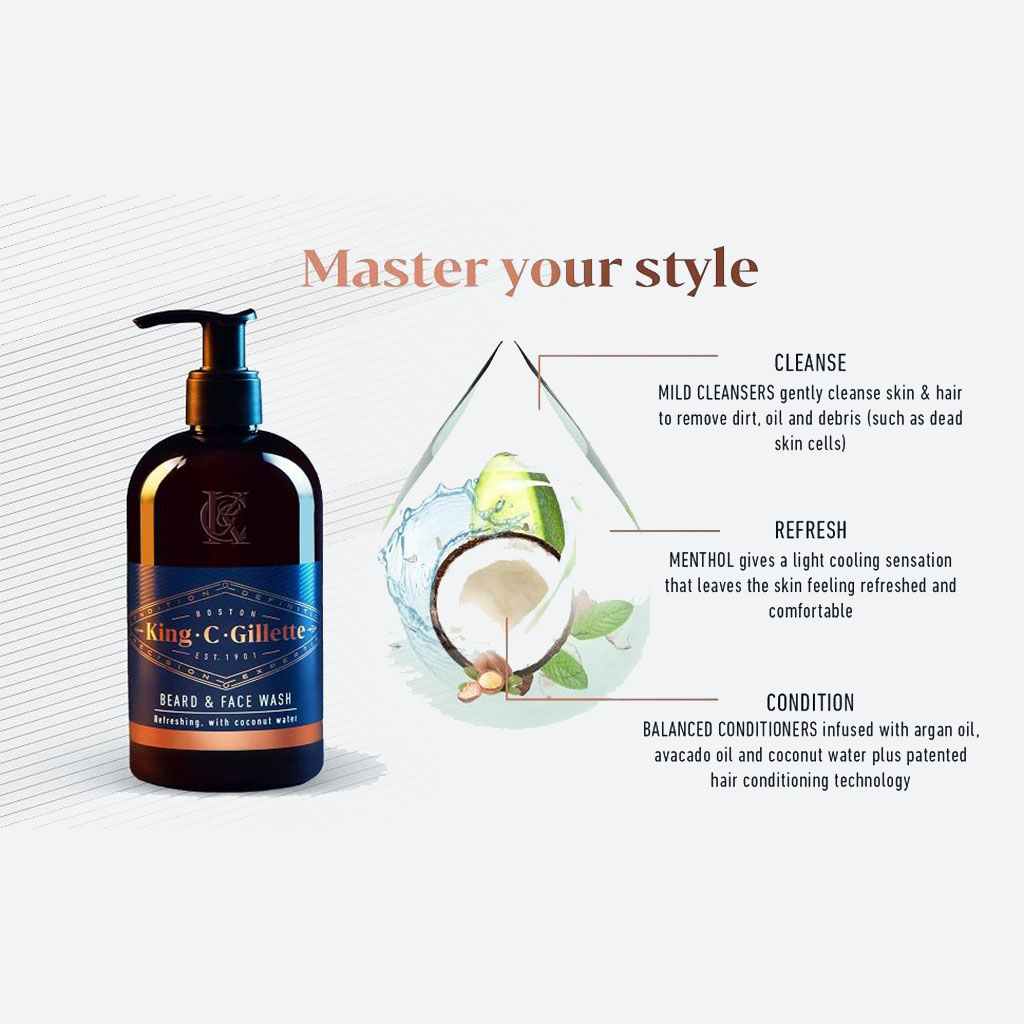 King C. Gillette Men's Beard and Face Wash With Coconut Water, Argan Oil & Avocado Oil 350ml