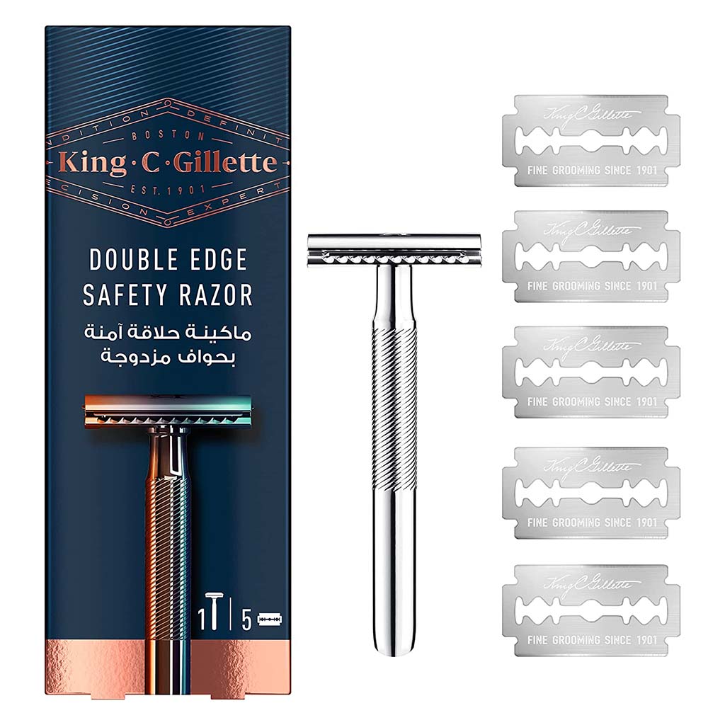 King C. Gillette Double-Edge Safety Razor Kit – Chrome Handle & 5 Platinum-Coated Blades
