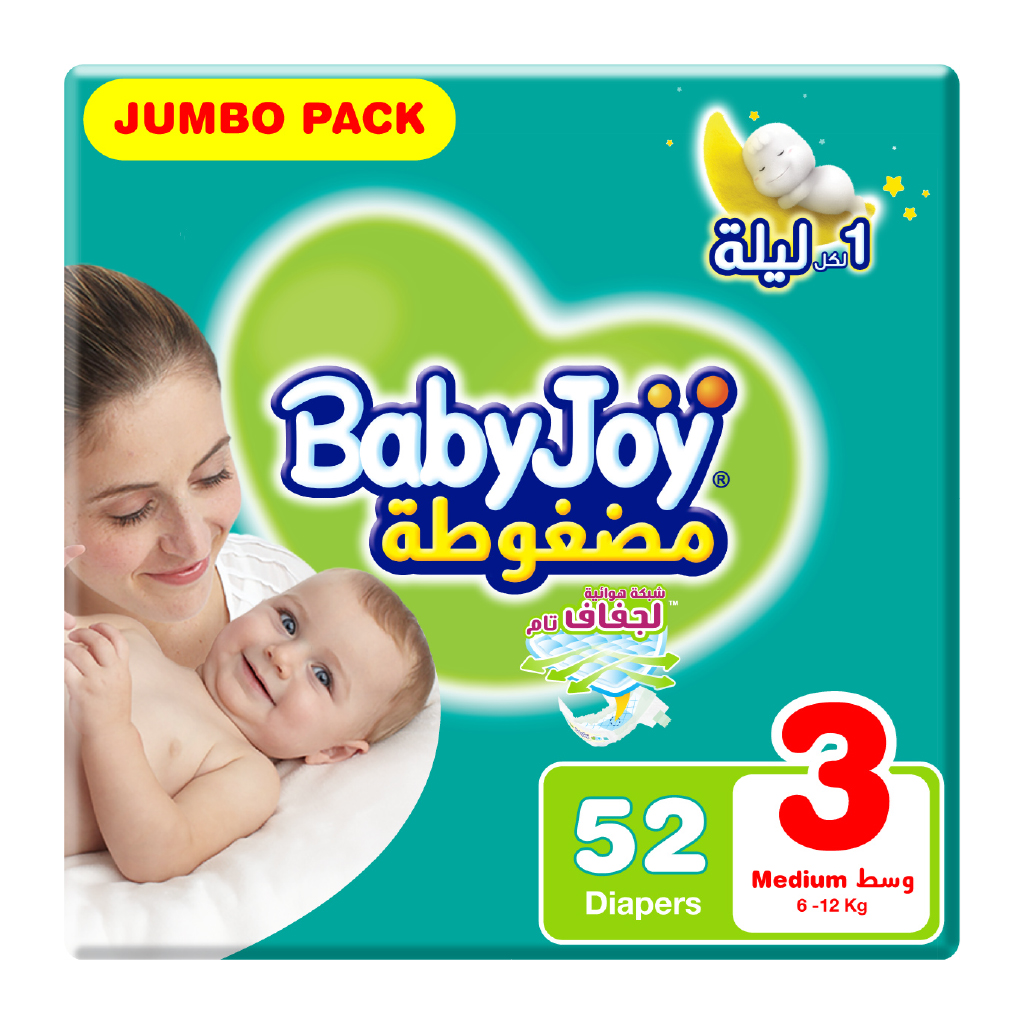 Babyjoy, Jumbo Pack Medium Diapers Size 3, Comfortable Diapers 6-12 kg, 52 Pieces