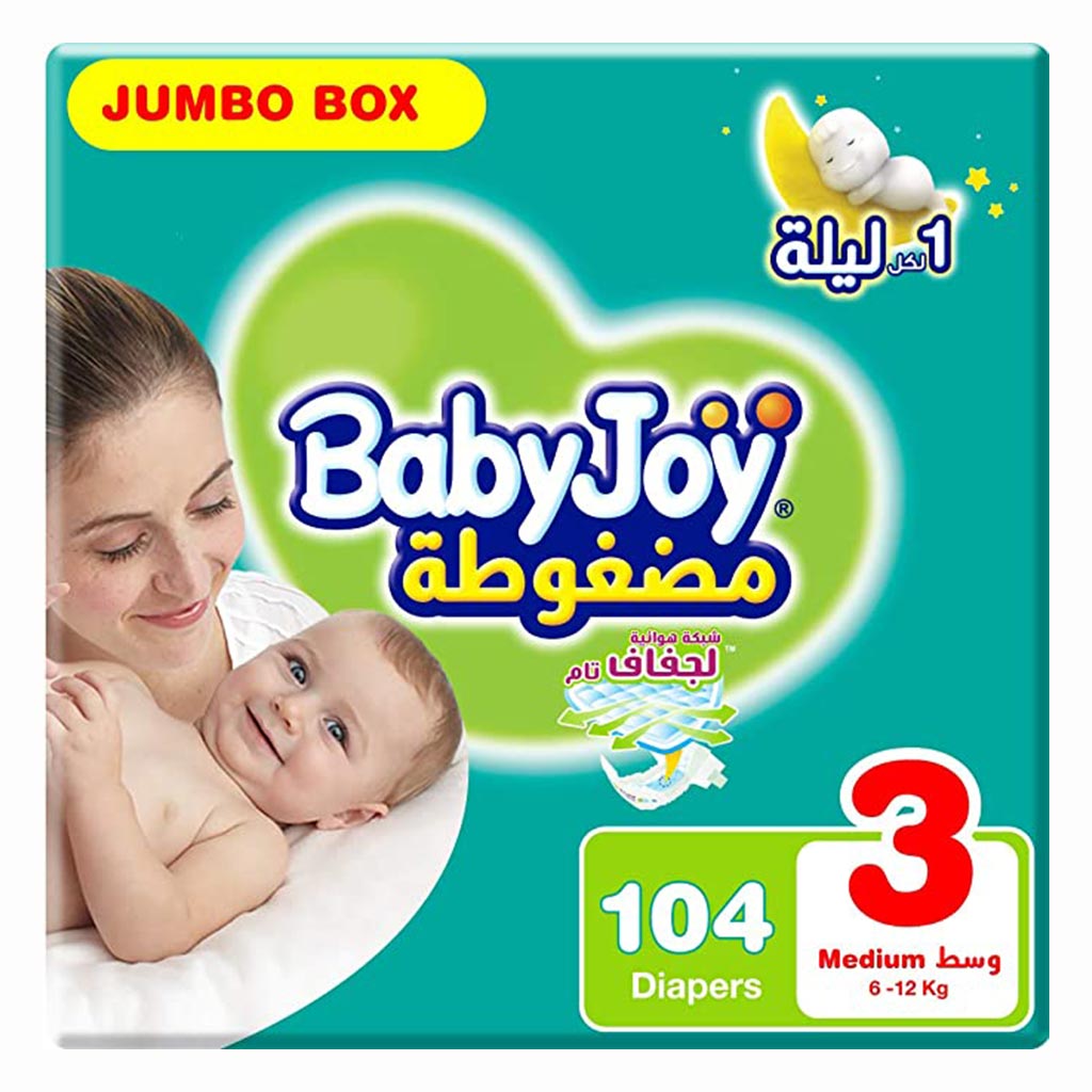 BabyJoy, Jumbo Box Medium Diapers, High absorbency diapers for babies 6-12 kg, 104 count