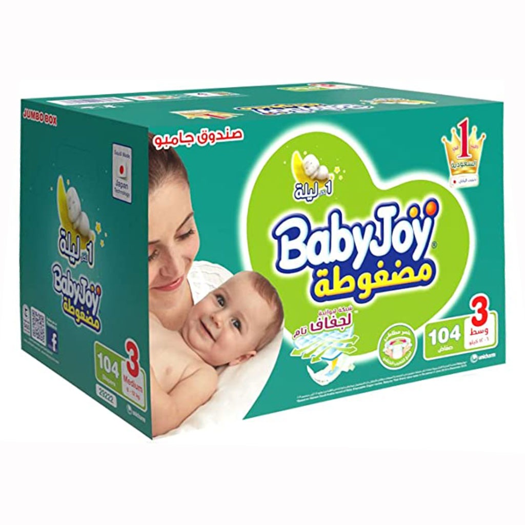 BabyJoy, Jumbo Box Medium Diapers, High absorbency diapers for babies 6-12 kg, 104 count