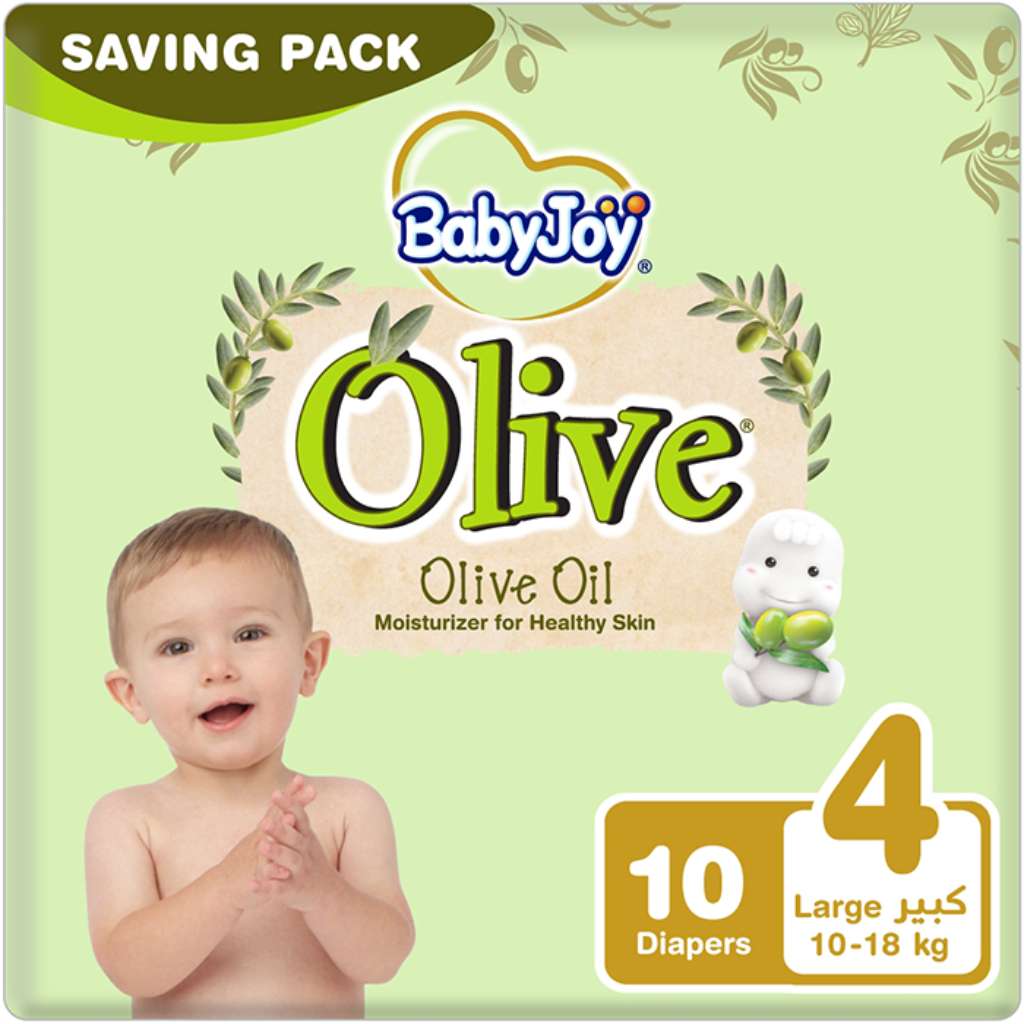 BabyJoy, Olive Oil Saving Pack Diapers Large Size 4, Soft diapers with olive oil for sensitive skin, 10 pieces