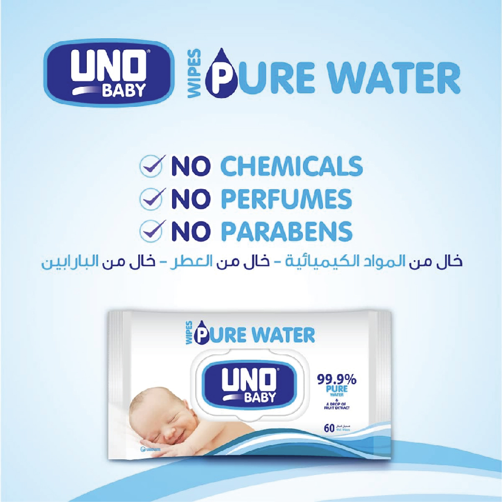 Uno Baby, Pure Water Wipes, Gentle baby wipes with pure water formula, 60 wipes