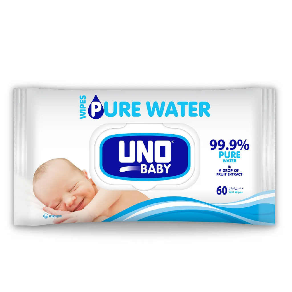 Uno Plus, Pure Water Wipes, Gentle cleansing wipes for sensitive skin, 60 wipes