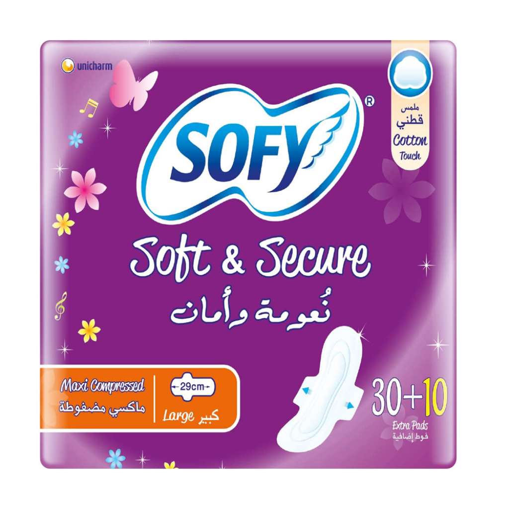 Sofy, Sanitary Napkins Soft & Secure Large with Wings, Comfortable absorbent pads for heavy flow, 40 pcs