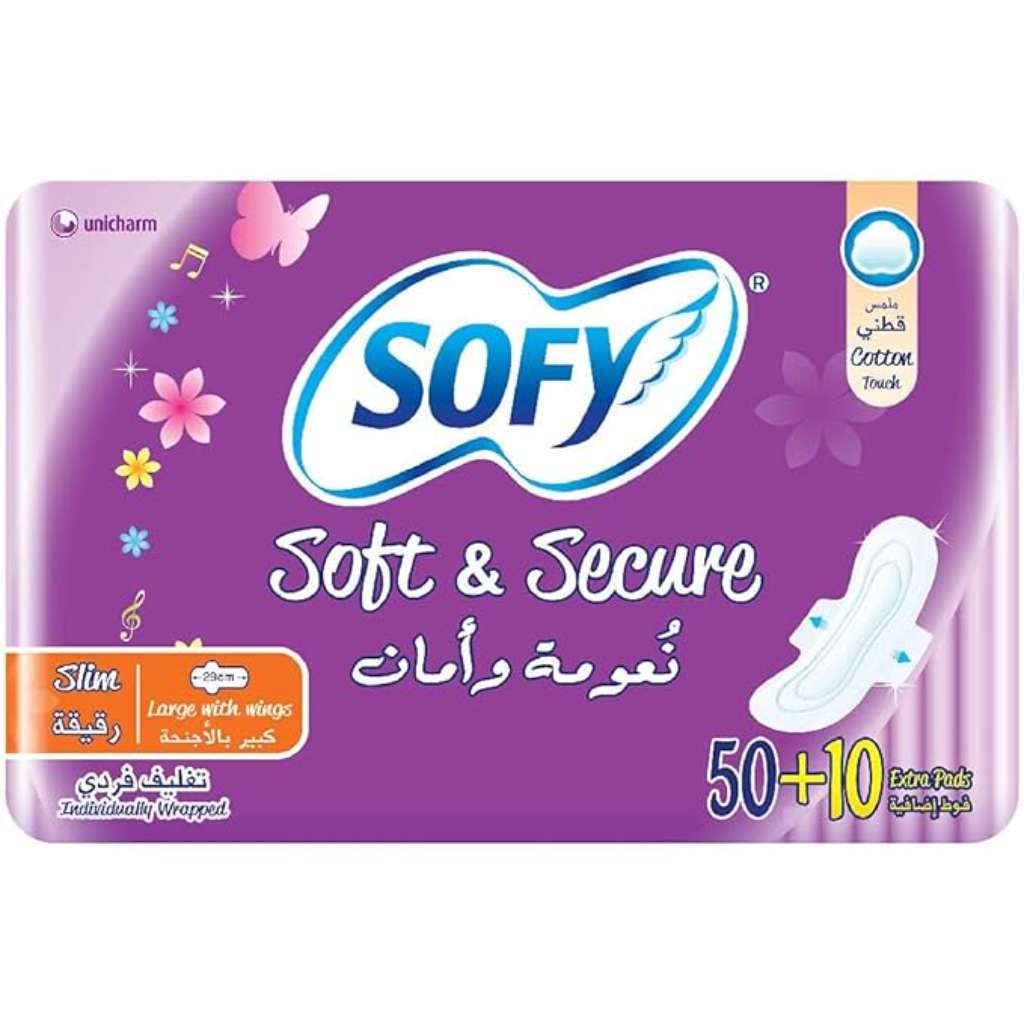 Sofy, Sanitary Napkins Soft and Secure Slim Large with Wings, Soft and secure slim pads with wings for heavy flow, 50+ pads