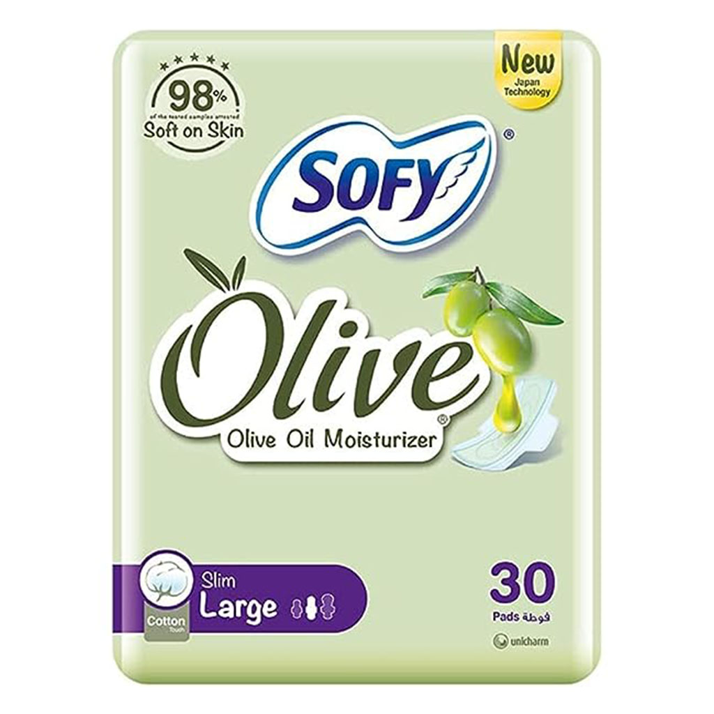 Sofy, Olive Slim Cotton Touch Sanitary Pads with Wings Large, Large sanitary pads with wings and cotton touch, 29cm, 30 pads