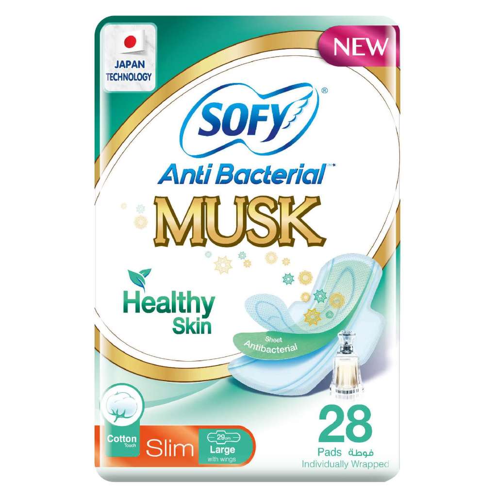 Sofy, Antibacterial Musk Slim Large Sanitary Napkins with Wings, Antibacterial large sanitary pads with musk scent and wings, 28 pads