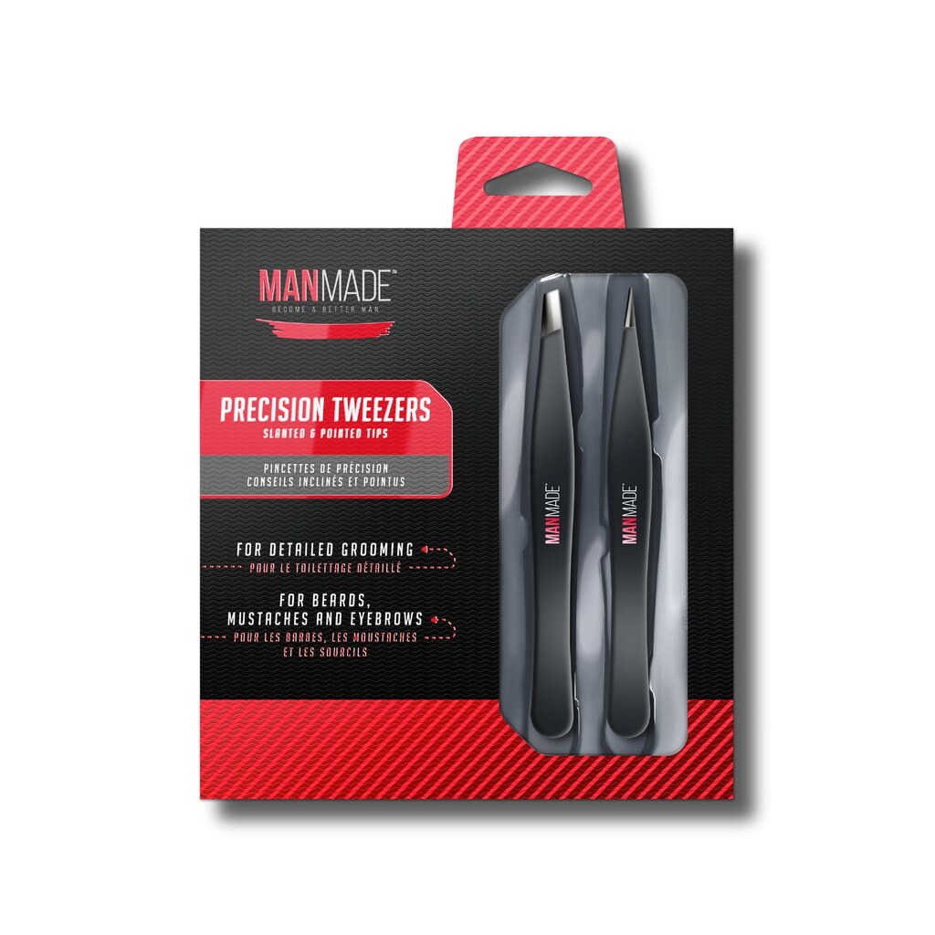 Manmade, Precision tweezers for beard, mustache & eyebrows, Red, Accurate grooming tweezers for facial hair, 2 pieces