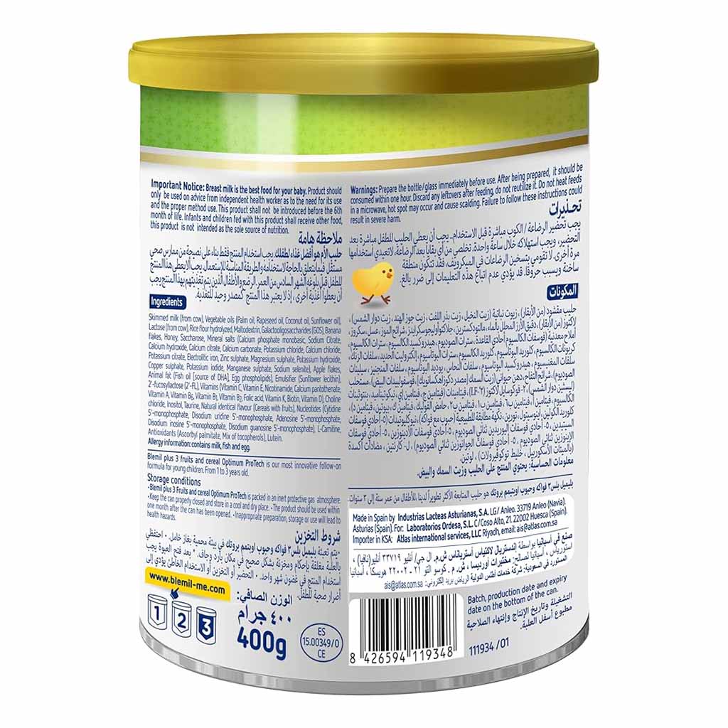 Blemil Plus Optimum, Protech 3 Fruits And Cereal Growing-Up Formula, Nutritional formula for toddlers 1–3 years, 400g