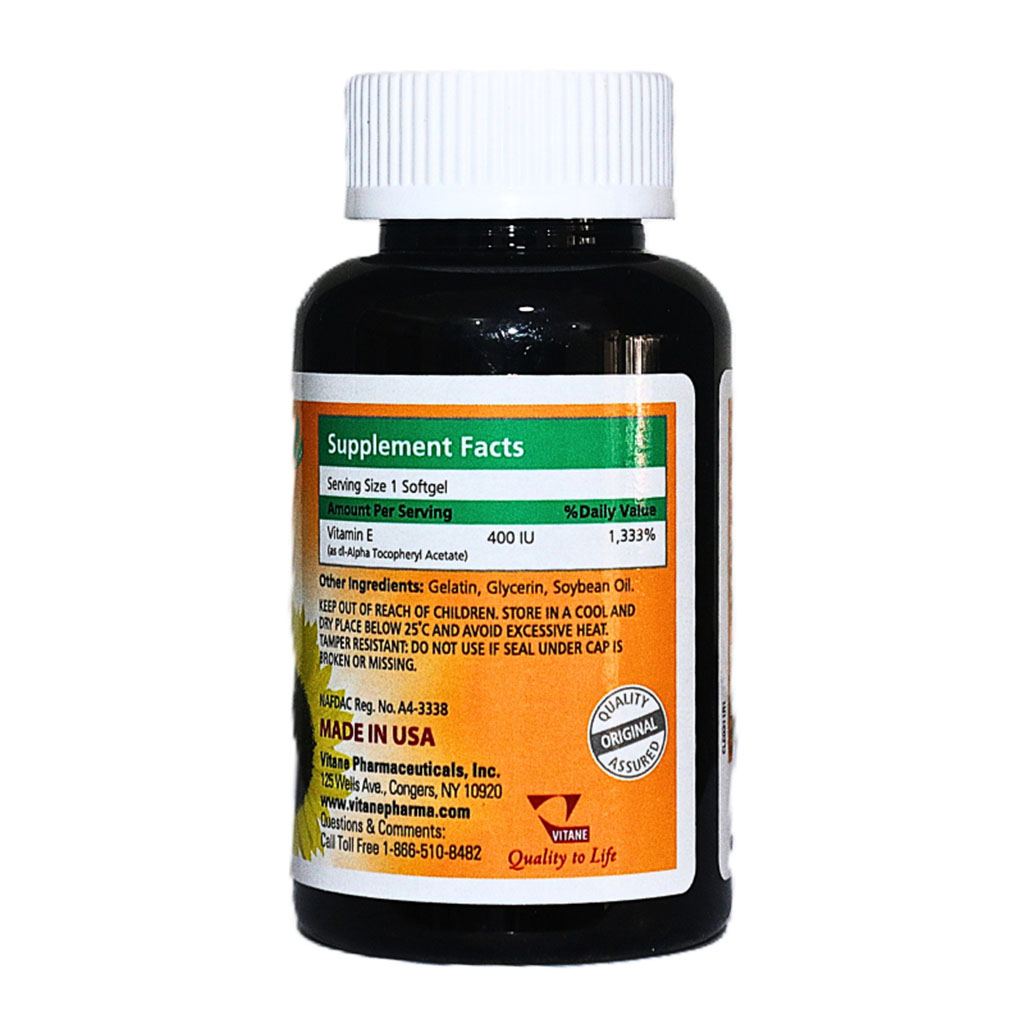 Vitan, Vitamin E 400 IU Softgel, Antioxidant support for skin and immune system, 120 softgel