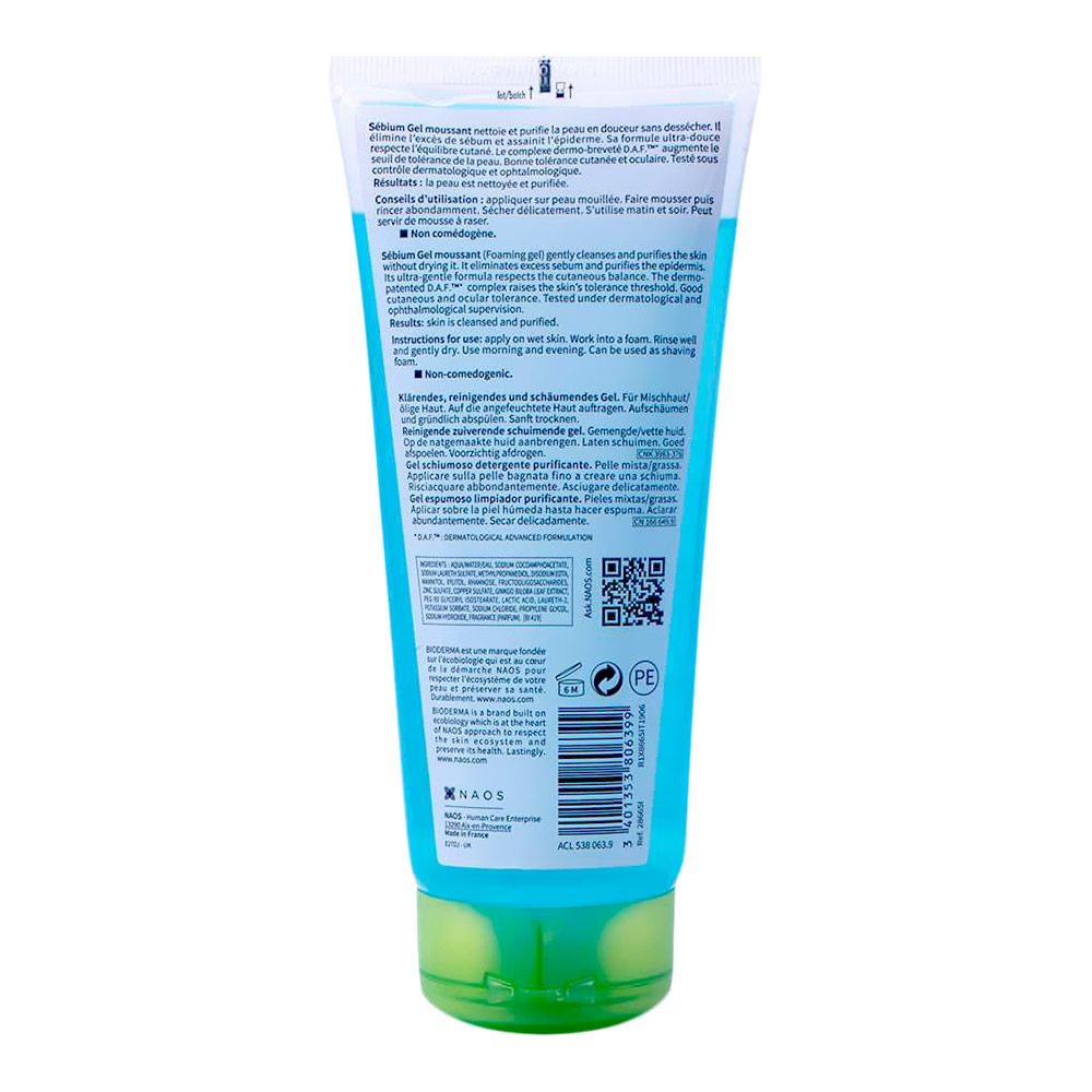 Bioderma, Sebium Gel Moussant, Foaming gel cleanser for oily and acne-prone skin, 200ml