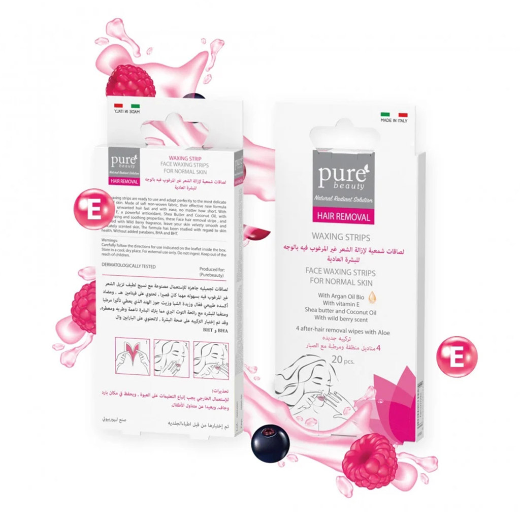 Purebeauty, Skin Face Waxing Strips for Normal Skin, Easy hair removal waxing strips, 20 pieces