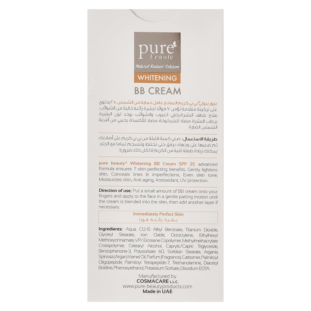 Purebeauty, Whitening BB Cream SPF 25 Medium, Skin tone evening with sun protection, 50ml