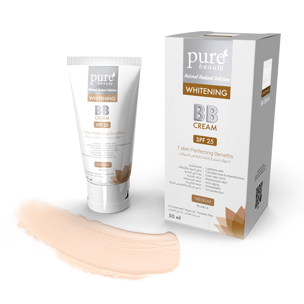Purebeauty, Whitening BB Cream SPF 25 Medium, Skin tone evening with sun protection, 50ml