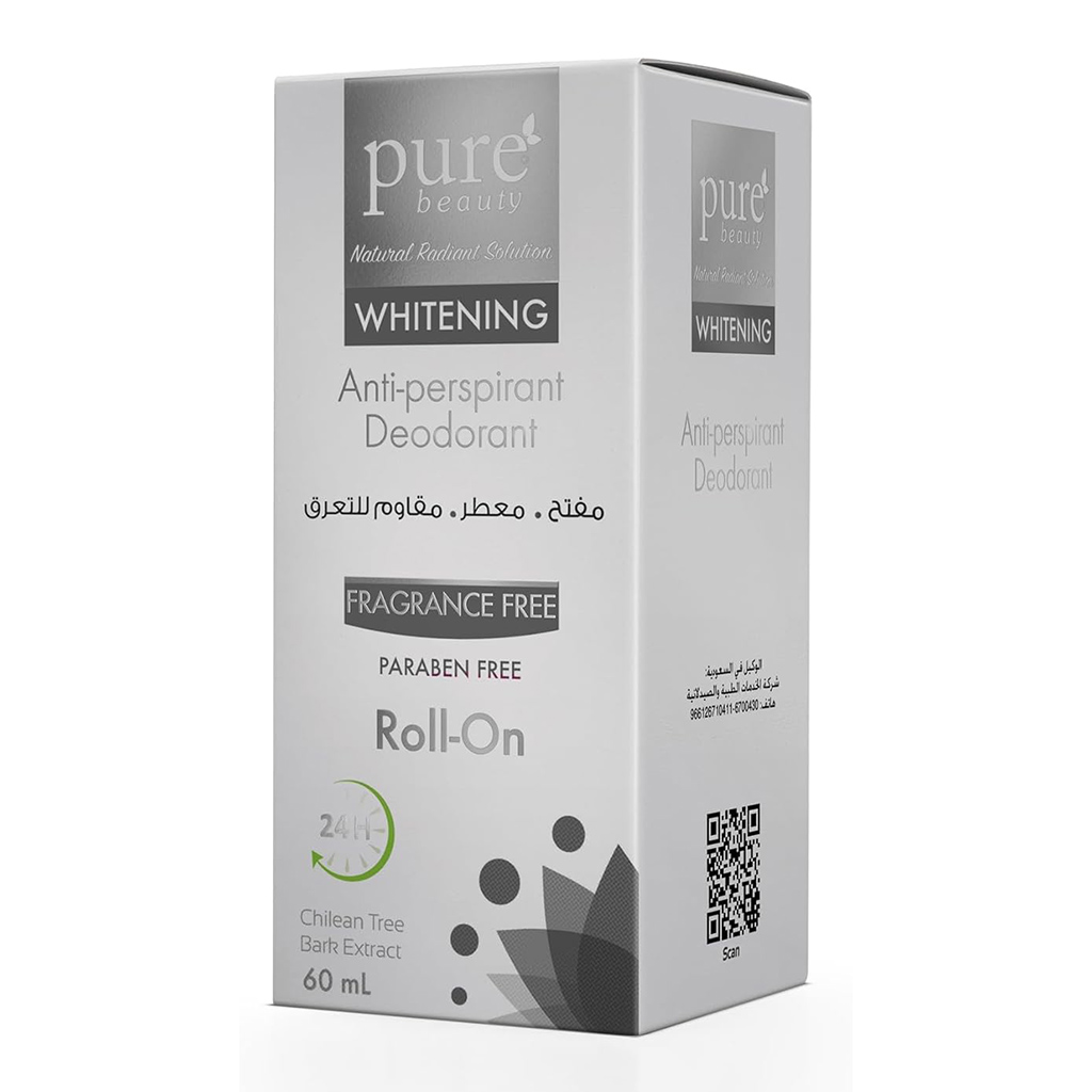 PureBeauty, Whitening Roll-On Fragrance Free, Gentle deodorant for effective odor protection, 60 ml