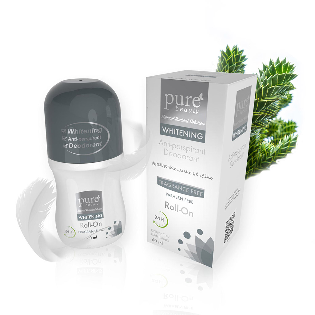 PureBeauty, Whitening Roll-On Fragrance Free, Gentle deodorant for effective odor protection, 60 ml