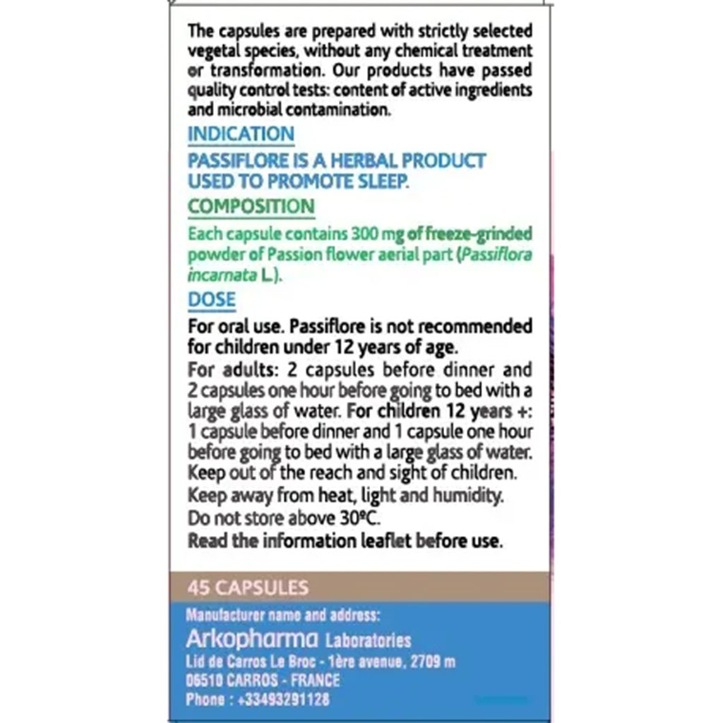Arkopharma, Passiflore Capsules 300mg, Herbal supplement for enhanced sleep and stress relief, 300mg capsules