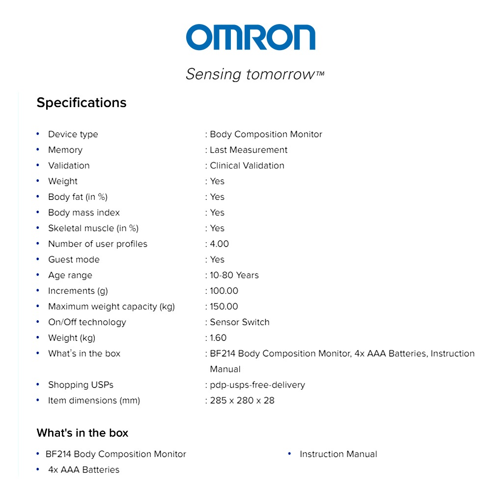 Omron, BF214 Body Composition Monitor, Digital monitor for body fat and weight analysis