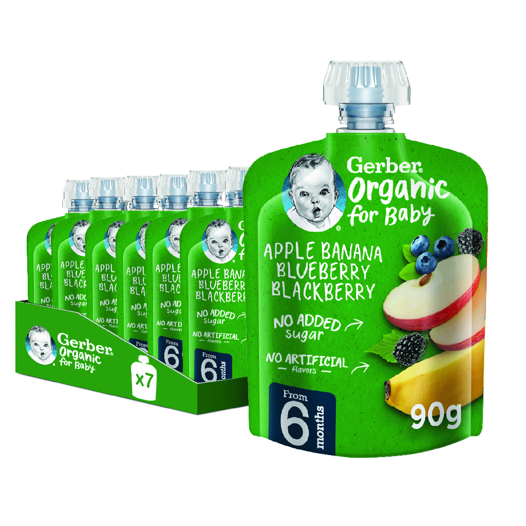 Gerber, Apple Blueberry Organic Baby Food Pouch, Healthy organic fruit puree for babies, 90g