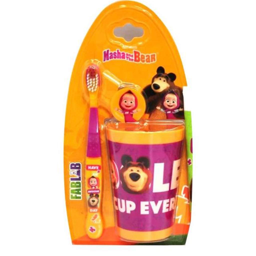 Nickelodeon, Masha and The Bear Soft Toothbrush with Cup, Gentle toothbrush with rinsing cup for kids