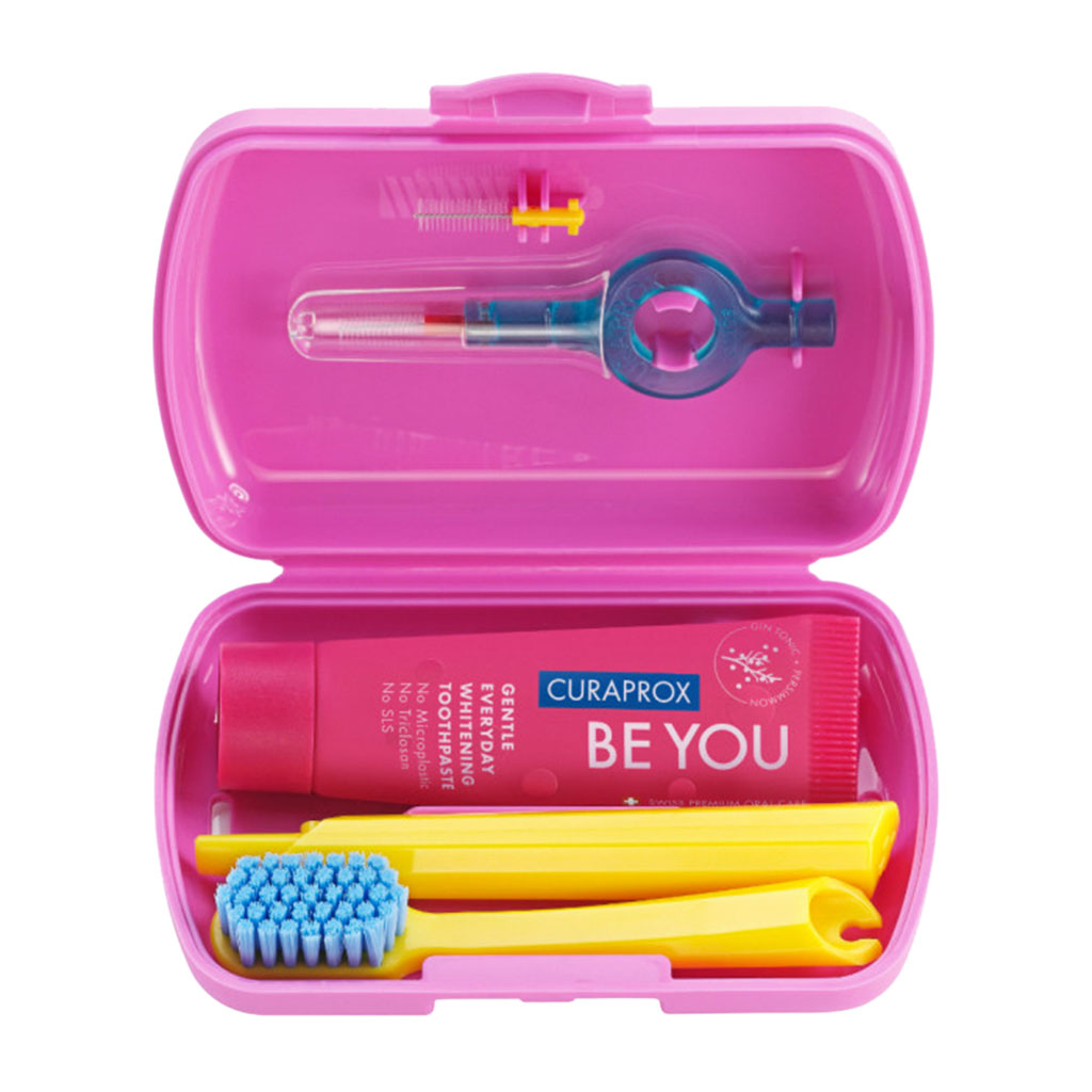 Curaprox, CS 5460 Travel Set Toothpaste and Toothbrushes, Complete oral care set with holder, assorted colors