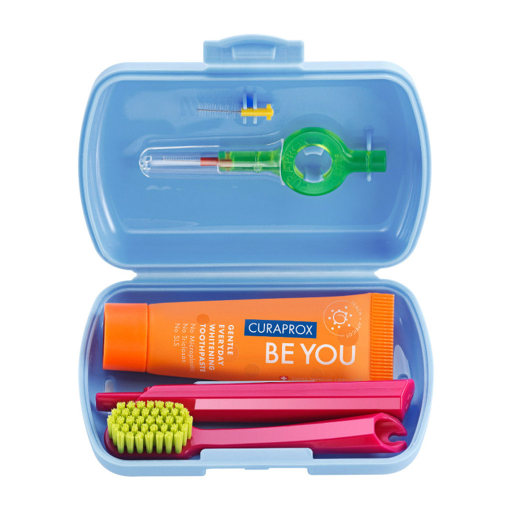 Curaprox, CS 5460 Travel Set Toothpaste and Toothbrushes, Complete oral care set with holder, assorted colors