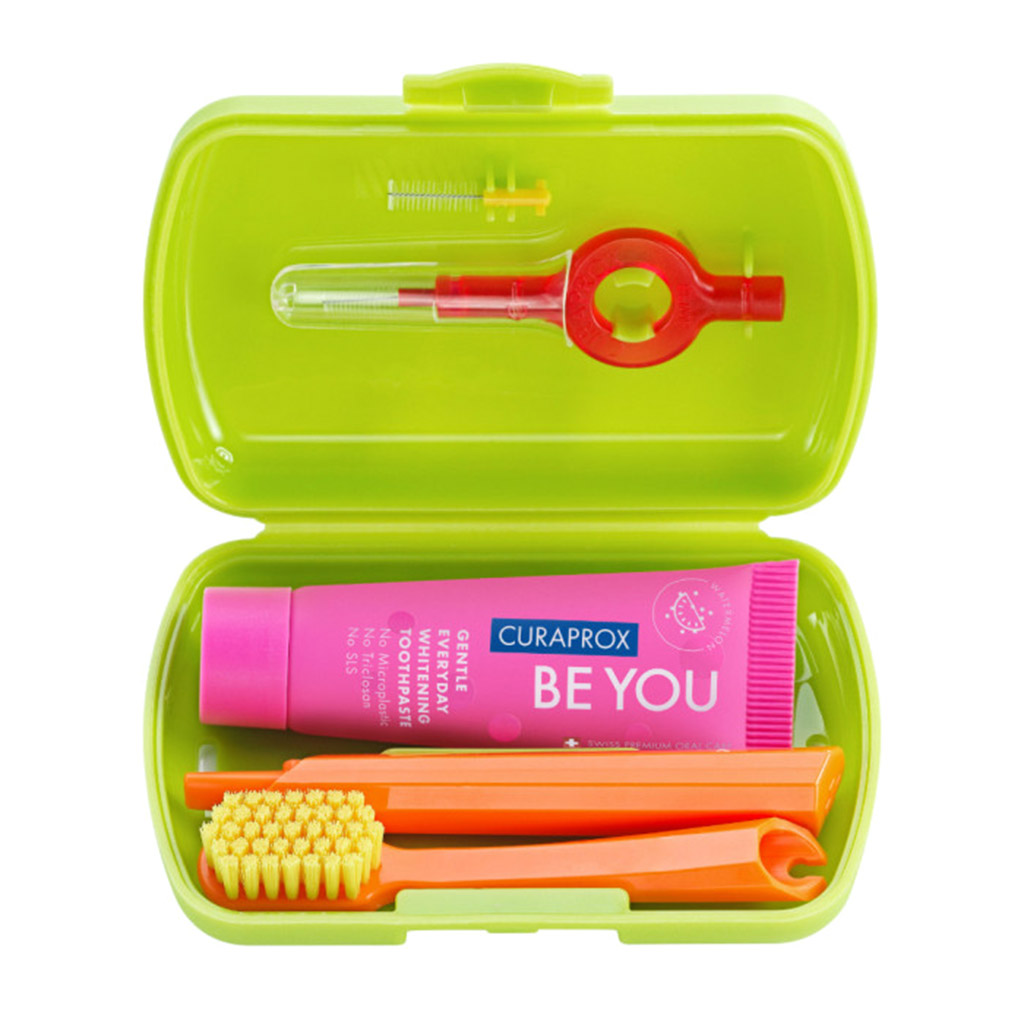 Curaprox, CS 5460 Travel Set Toothpaste and Toothbrushes, Complete oral care set with holder, assorted colors