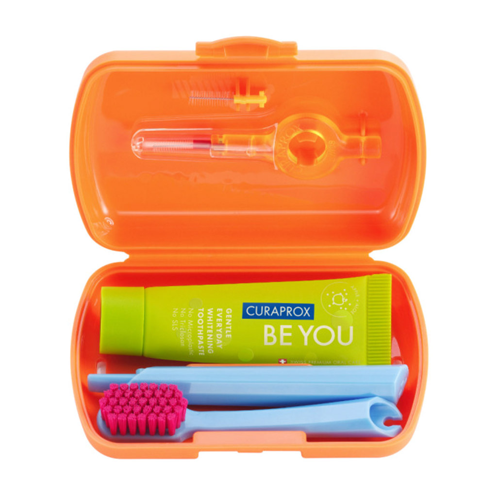 Curaprox, CS 5460 Travel Set Toothpaste and Toothbrushes, Complete oral care set with holder, assorted colors