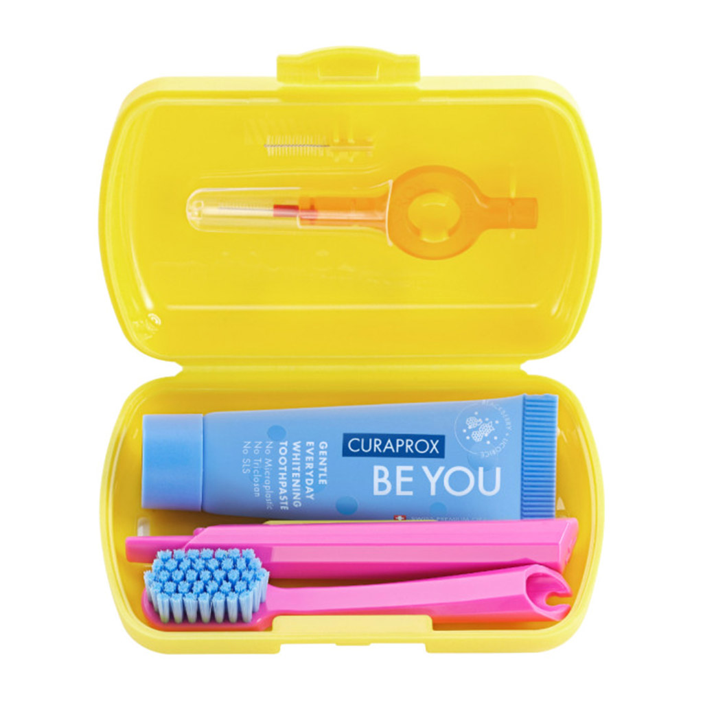 Curaprox, CS 5460 Travel Set Toothpaste and Toothbrushes, Complete oral care set with holder, assorted colors