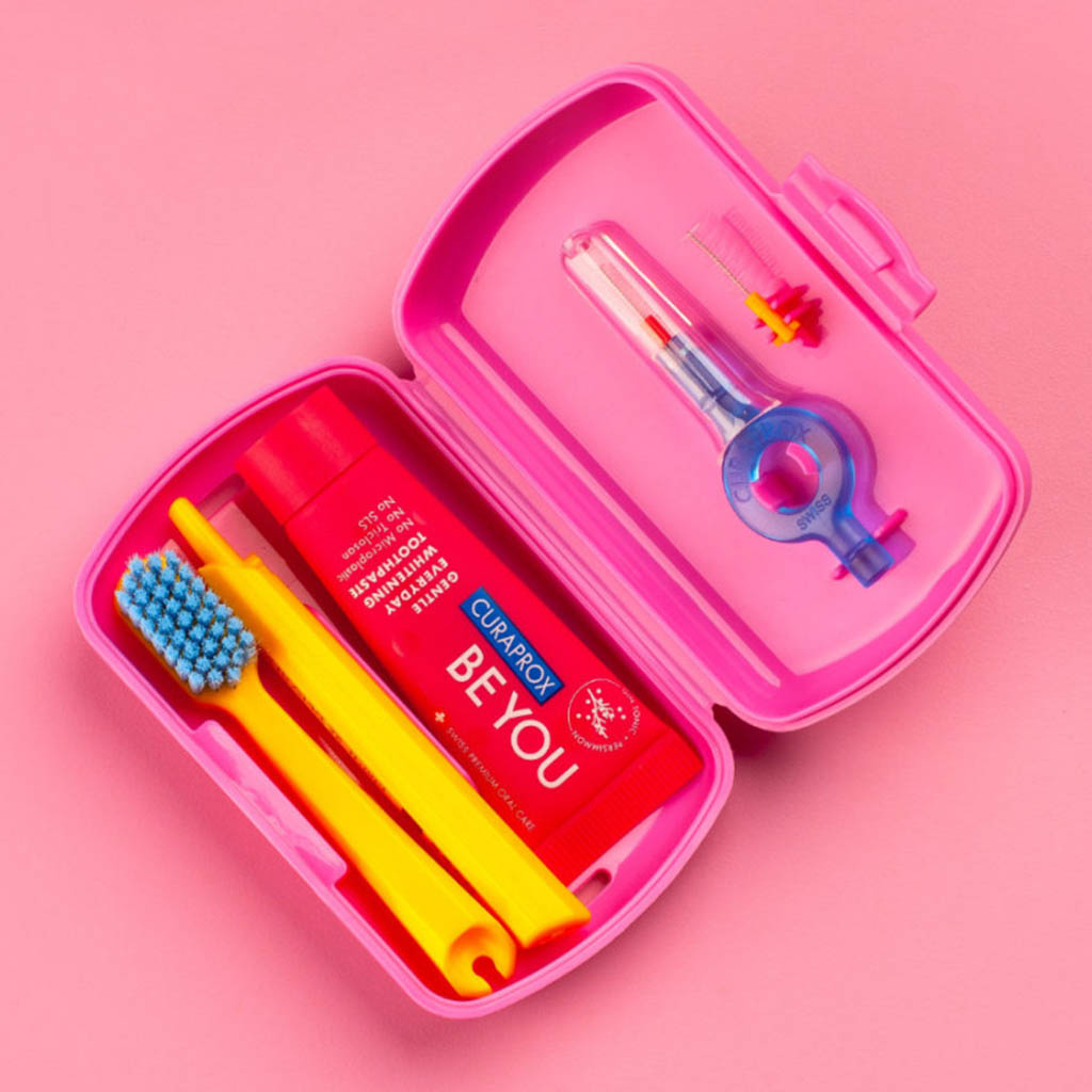 Curaprox, CS 5460 Travel Set Toothpaste and Toothbrushes, Complete oral care set with holder, assorted colors