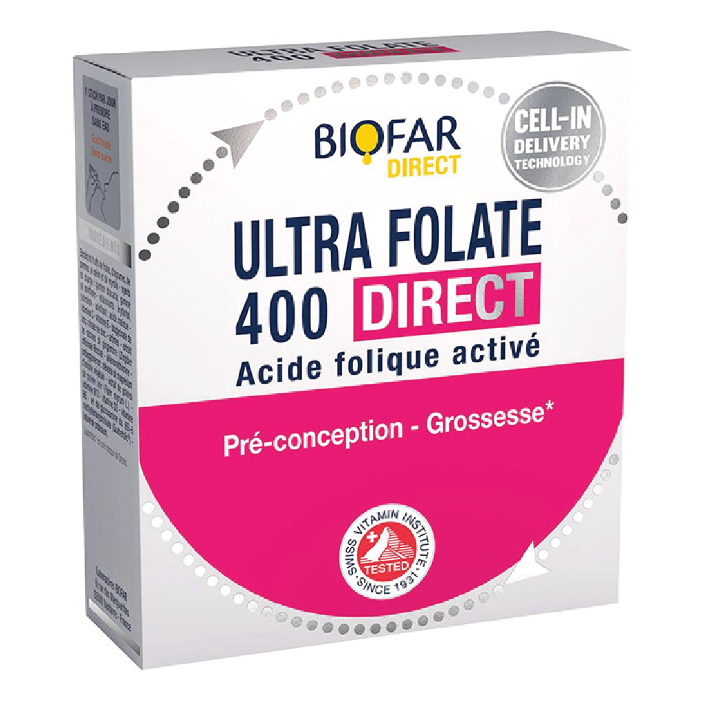 Biofar, Ultra Folate 400 Direct, High potency folic acid supplement for daily use, 14 sticks